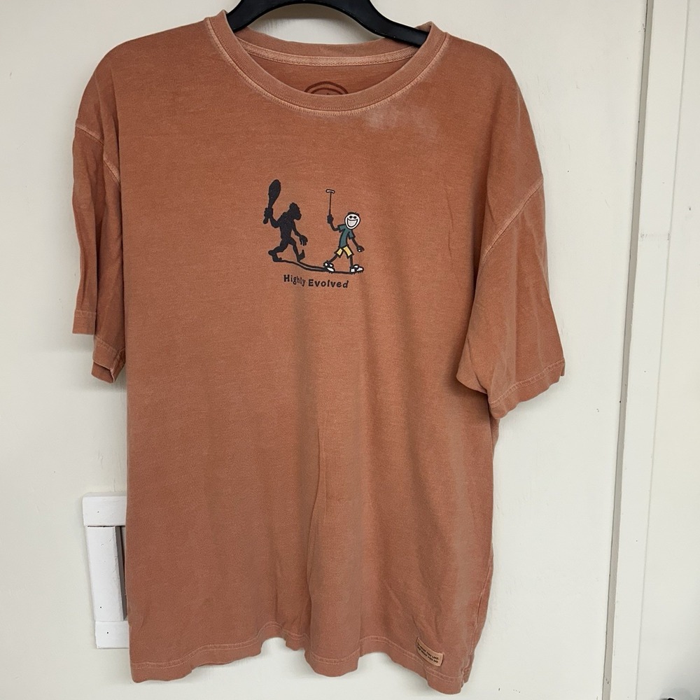 Life Is Good Mens T Shirt Large Orange Golf Highly Evolved Caveman Graphic Tee